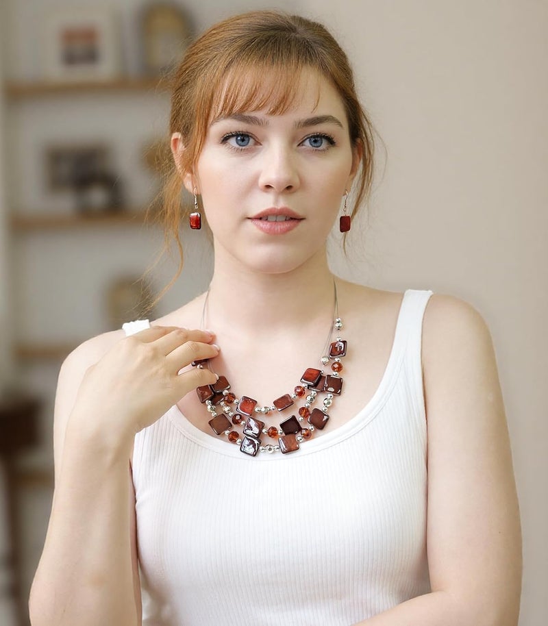 Errally Store Layered Beaded Statement Necklaces for Women Square Shell Bead Collar Necklace and Earring Set Birthday Gifts Boho Jewelry Sets for Women - Image 4